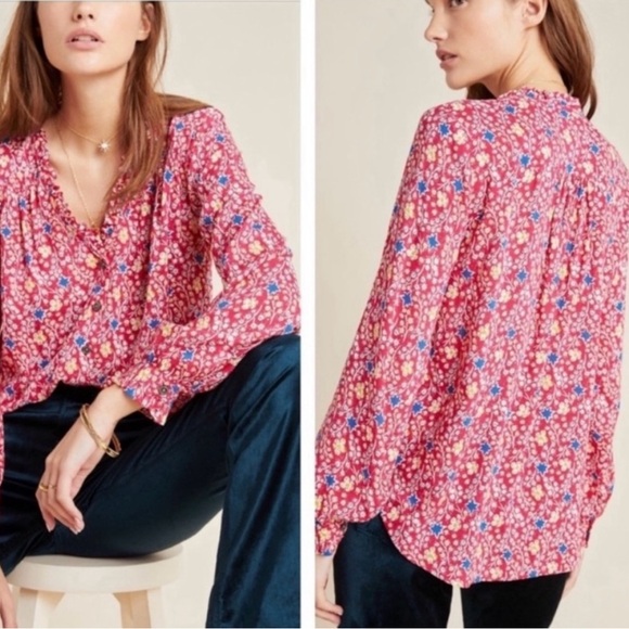 Anthropologie Tops - NWT Maeve Anthropologie Marisol Pink Floral Ruffled Long Sleeve Blouse Size 6